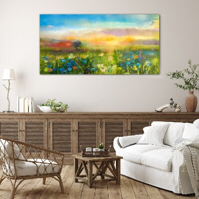 Glasbild Blumenlandschaft am Morgen