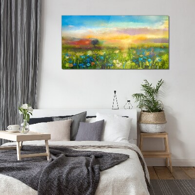 Glasbild Blumenlandschaft am Morgen