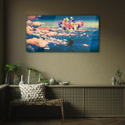 Glasbild Flug in den Wolken mit Ballons