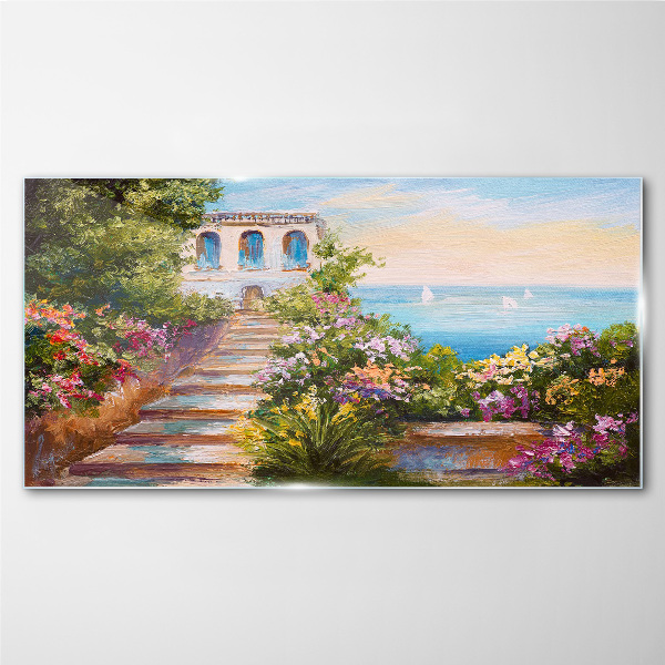 Glasbild Ein Spaziergang zwischen Blumen am Meer