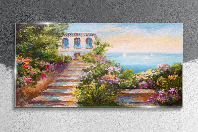 Glasbild Ein Spaziergang zwischen Blumen am Meer