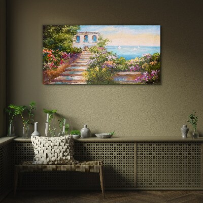 Glasbild Ein Spaziergang zwischen Blumen am Meer