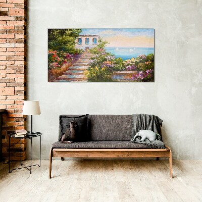 Glasbild Ein Spaziergang zwischen Blumen am Meer