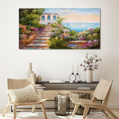 Glasbild Ein Spaziergang zwischen Blumen am Meer