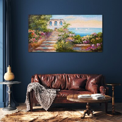 Glasbild Ein Spaziergang zwischen Blumen am Meer