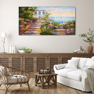 Glasbild Ein Spaziergang zwischen Blumen am Meer