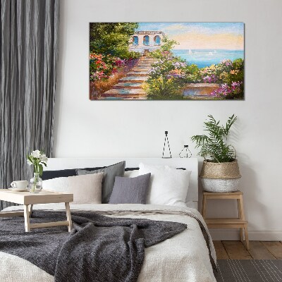 Glasbild Ein Spaziergang zwischen Blumen am Meer