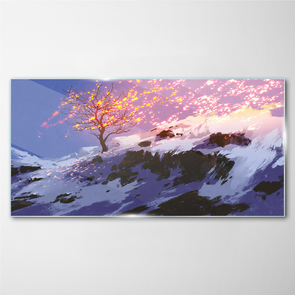 Glasbild Winterlandschaft mit brennendem Baum