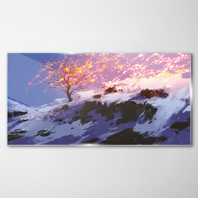 Glasbild Winterlandschaft mit brennendem Baum