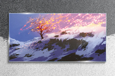 Glasbild Winterlandschaft mit brennendem Baum