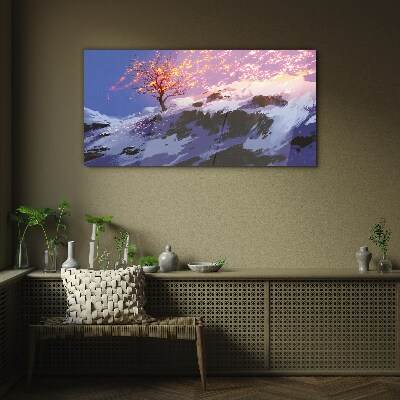 Glasbild Winterlandschaft mit brennendem Baum