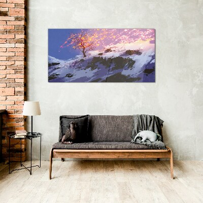 Glasbild Winterlandschaft mit brennendem Baum