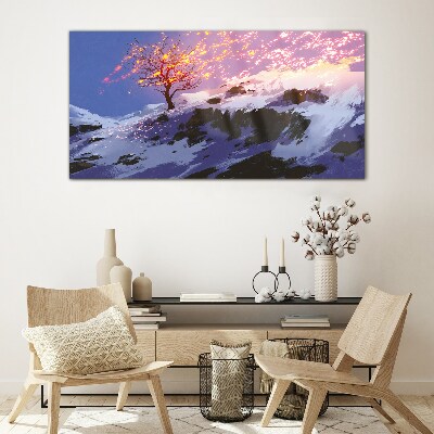 Glasbild Winterlandschaft mit brennendem Baum