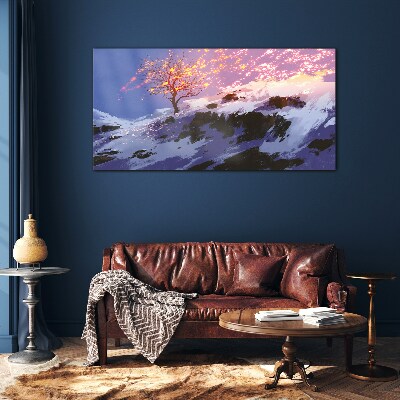 Glasbild Winterlandschaft mit brennendem Baum