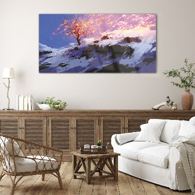 Glasbild Winterlandschaft mit brennendem Baum