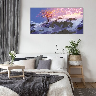 Glasbild Winterlandschaft mit brennendem Baum