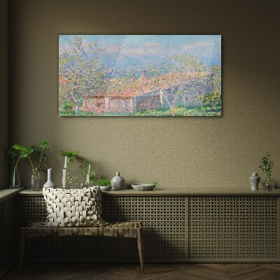 Foto auf glas Eine friedliche Landschaft mit einem Haus und Bäumen