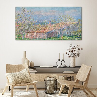 Foto auf glas Eine friedliche Landschaft mit einem Haus und Bäumen