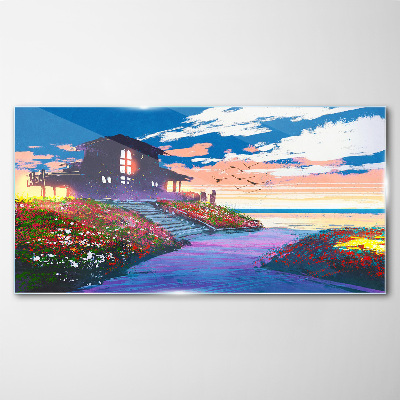 Glasbild Sonnenuntergang über dem blühenden Ufer