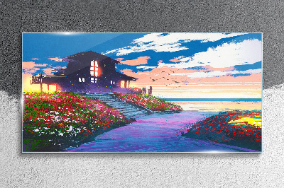 Glasbild Sonnenuntergang über dem blühenden Ufer