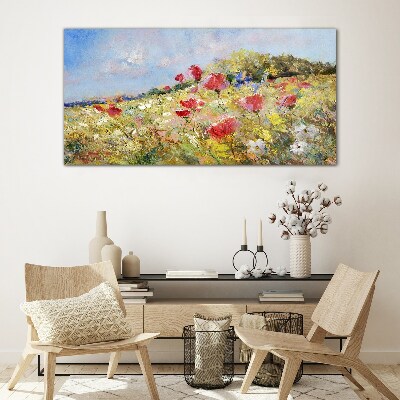 Glasbild Blumenlandschaft in der Sommersonne