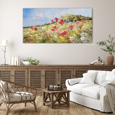 Glasbild Blumenlandschaft in der Sommersonne