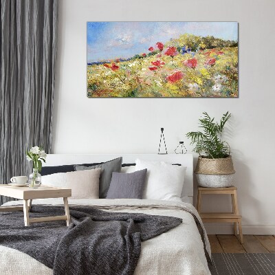 Glasbild Blumenlandschaft in der Sommersonne