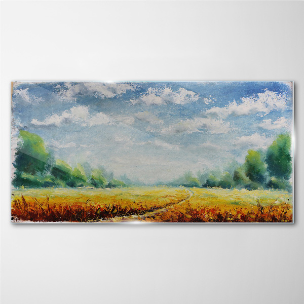 Glasbild Sommerfelder unter blauem Himmel