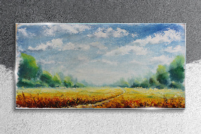 Glasbild Sommerfelder unter blauem Himmel