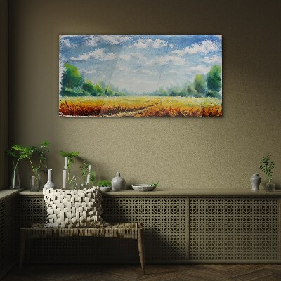 Glasbild Sommerfelder unter blauem Himmel