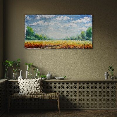 Glasbild Wiese Wald Himmel Natur