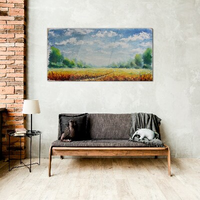 Glasbild Sommerfelder unter blauem Himmel