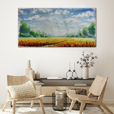Glasbild Sommerfelder unter blauem Himmel