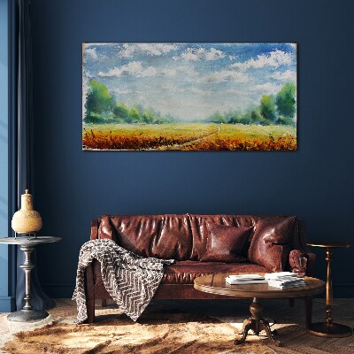 Glasbild Sommerfelder unter blauem Himmel