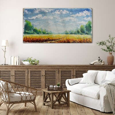 Glasbild Sommerfelder unter blauem Himmel