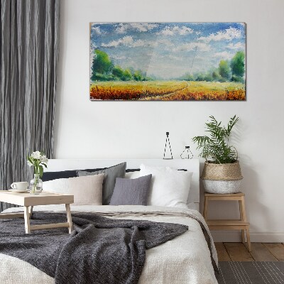 Glasbild Sommerfelder unter blauem Himmel