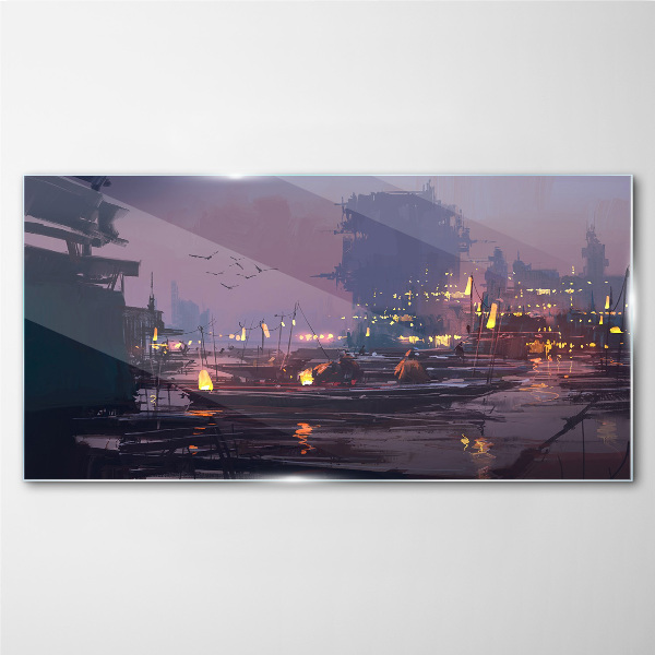 Glasbild Sonnenuntergang über dem Hafen