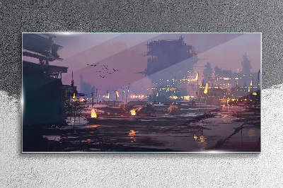 Glasbild Sonnenuntergang über dem Hafen