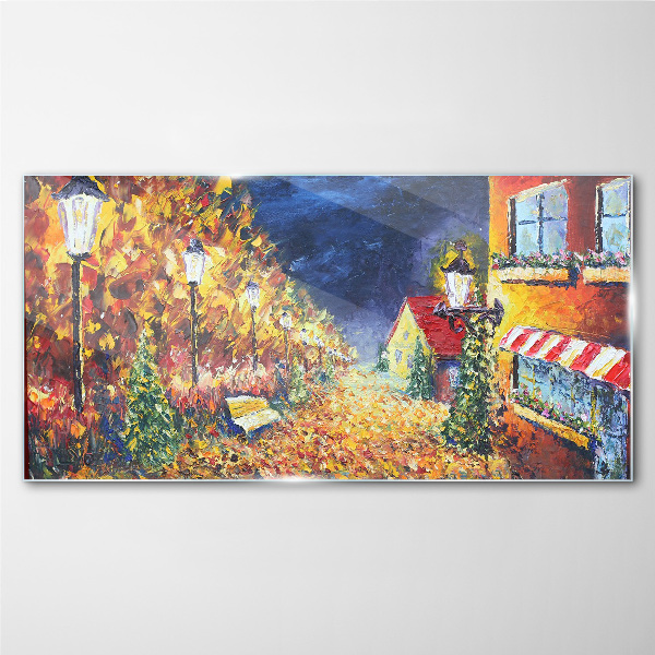Glasbild Goldene Allee im Schein der Laternen