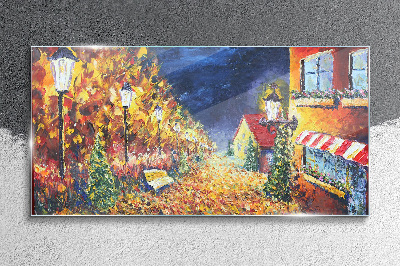 Glasbild Goldene Allee im Schein der Laternen