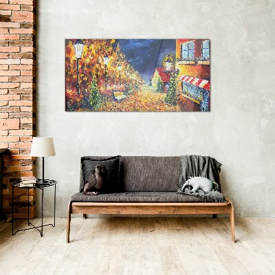 Glasbild Goldene Allee im Schein der Laternen