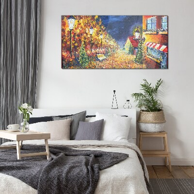 Glasbild Goldene Allee im Schein der Laternen