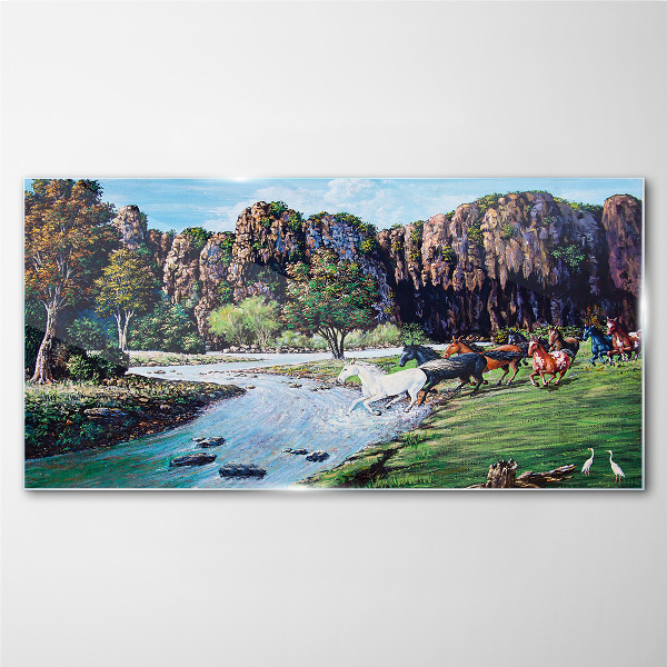 Glasbild Landschaft mit Pferden am Fluss