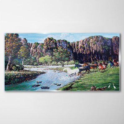 Glasbild Landschaft mit Pferden am Fluss