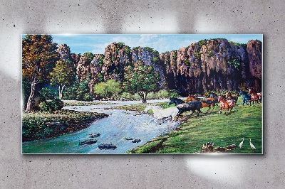 Glasbild Landschaft mit Pferden am Fluss