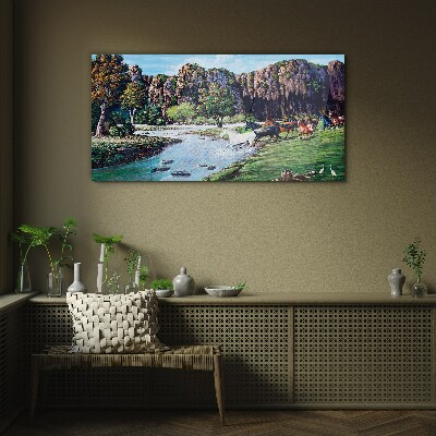 Glasbild Landschaft mit Pferden am Fluss