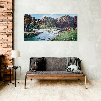 Glasbild Landschaft mit Pferden am Fluss