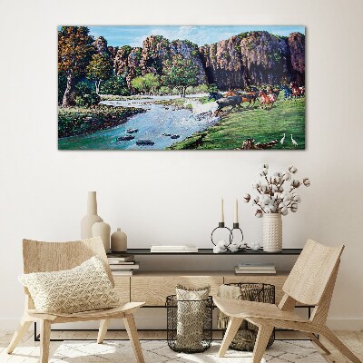Glasbild Landschaft mit Pferden am Fluss