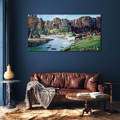 Glasbild Landschaft mit Pferden am Fluss