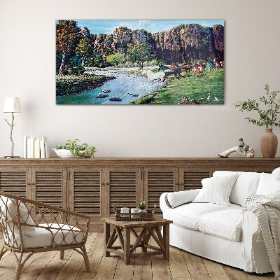 Glasbild Landschaft mit Pferden am Fluss